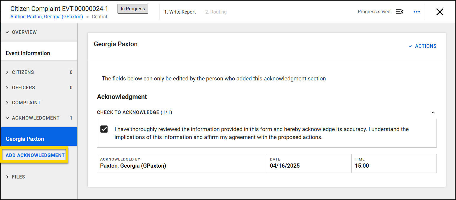 Screenshot of a report with the Add Acknowledgment button in the sidebar highlighted in yellow.
