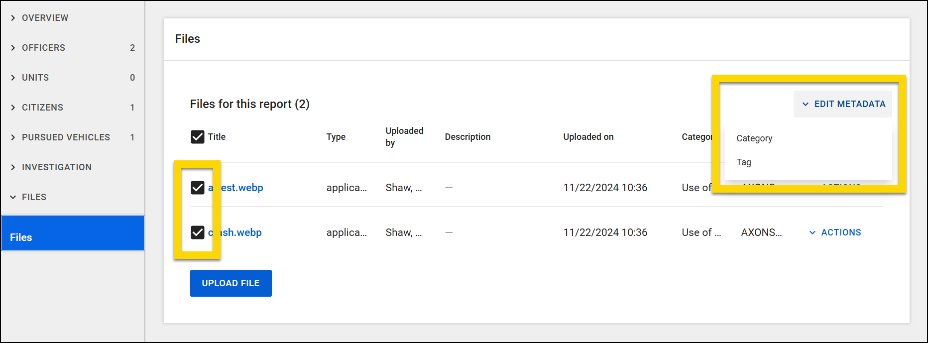 The screenshot displays the Report Writer interface with the Files section selected in the left sidebar. The main panel lists two uploaded files with details such as title, type, uploader, and upload date. Checkboxes are shown next to the file titles, with both files selected. On the right side, an Edit Metadata dropdown is expanded, showing options for category and tag.