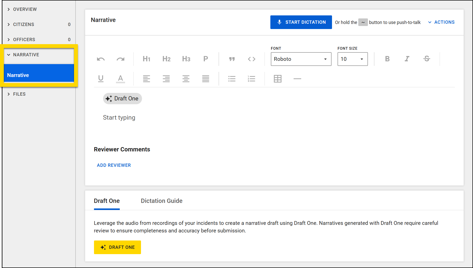 The image shows a section of the Report Writer user interface focused on the Narratives section. The main section includes a narrative editor with formatting tools, font options, and buttons for templates and Draft One. A blue Start Dictation button is located at the top, and a panel below provides a description of the Draft One feature, including a button to create a draft. An Actions menu is visible in the upper right.