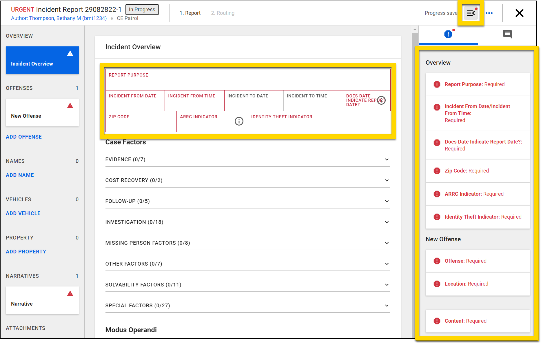The Report Writer screen shows a report in progress. The main section highlights several required fields in red, such as report purpose, incident dates and times, zip code, and other indicators. These fields are enclosed in a yellow box. On the right side, an overview panel lists the same required fields with red warning icons. Additional sections in the left navigation menu, such as offenses, names, vehicles, and narratives, are also present, with some sections showing warning icons for missing required information. At the top right, a highlighted icon indicates errors are present in the report.