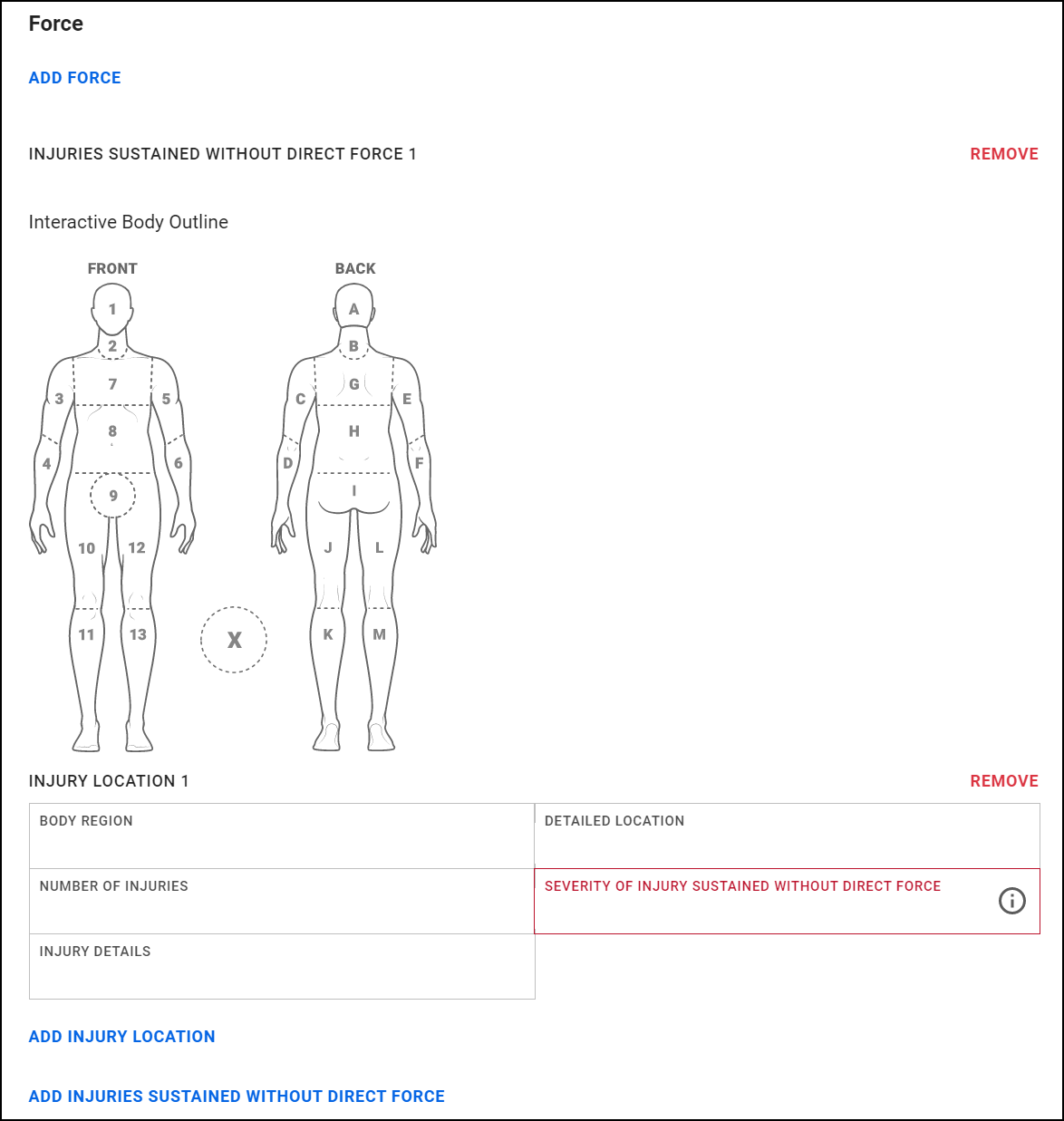 Screenshow showing the injury location portion.