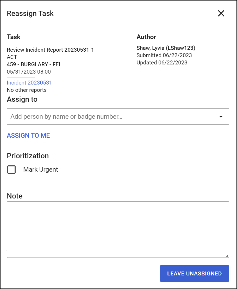 Shows the window for reassignin tasks.