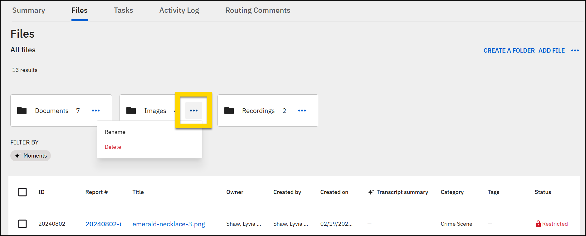 The image shows two layered screenshots. In the top screenshot, the Files tab is selected, displaying several folders. The options menu open for the Scene Photos folder is open, showing Rename and Delete. In the bottom screenshot, a Delete Folder dialog is visible, offering options to delete the folder structure while keeping evidence in the case or to delete the folder, subfolders, and evidence from the case, with Cancel and Delete Folder buttons at the bottom.