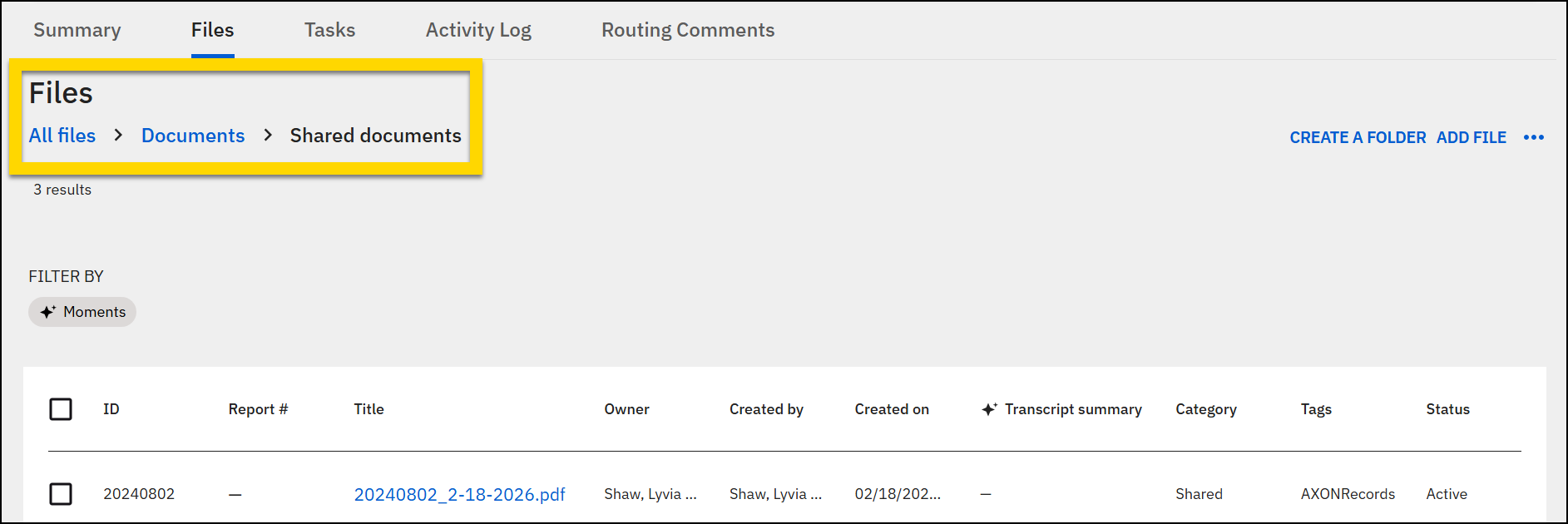 The screenshot shows the Files tab with a navigation breadcrumb indicating the user is in the Statements folder within Documents. Below, a table lists files with columns for ID, report number, title, owner, creation date, and status.