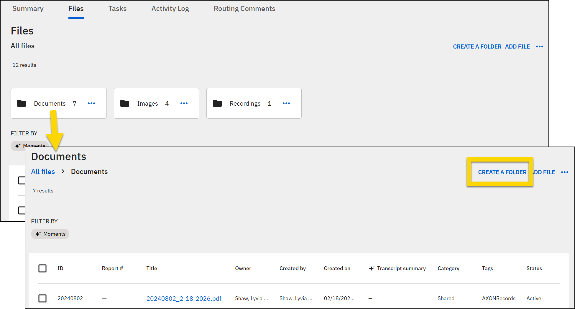 The screenshot shows the Files tab with the Scene Photos folder selected, listing multiple files. The Create a Folder option is highlighted, and a dialog box is open, allowing the user to name a new subfolder within the current folder. A yellow arrow points from the file list breadcrumbs to the dialog box, emphasizing where the folder appears in the folder structure.
