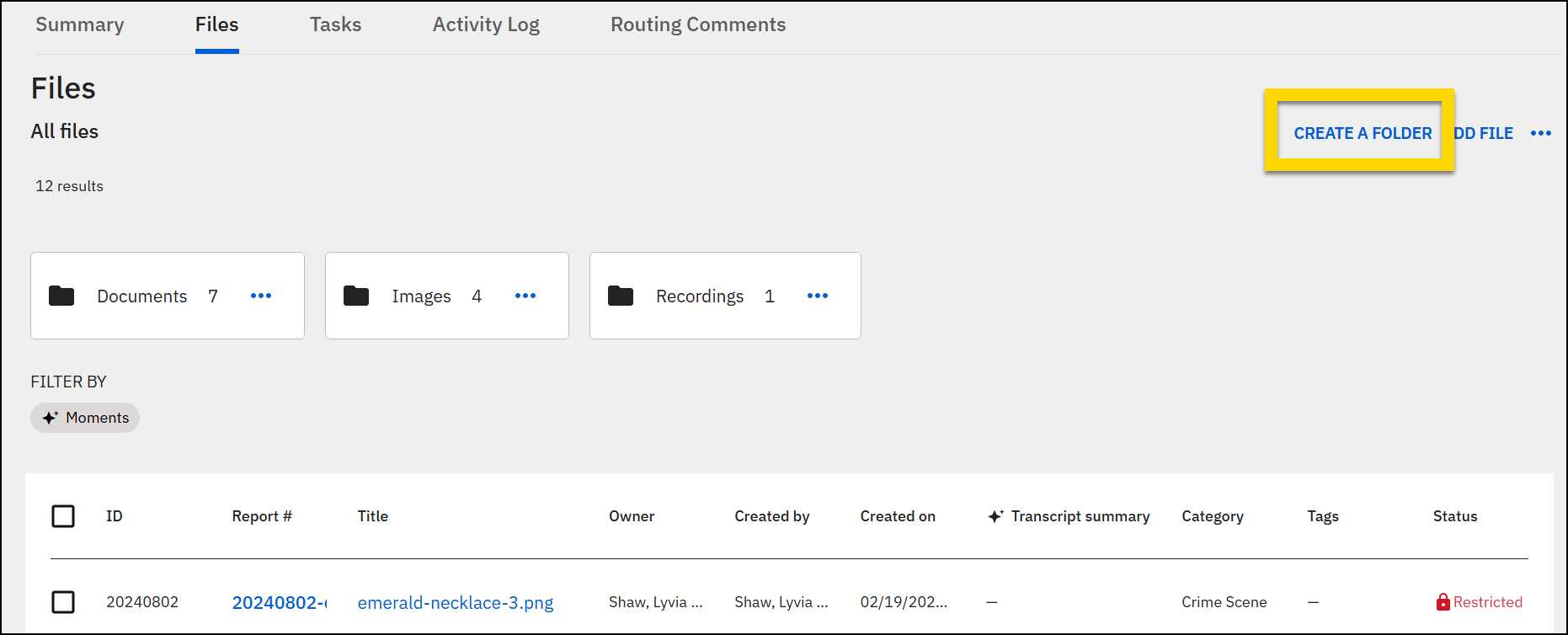 The screenshot shows the Files tab. On the right, the Create a Folder option is highlighted, and a dialog box is open, allowing the user to input a folder name with options to cancel or create the folder.
