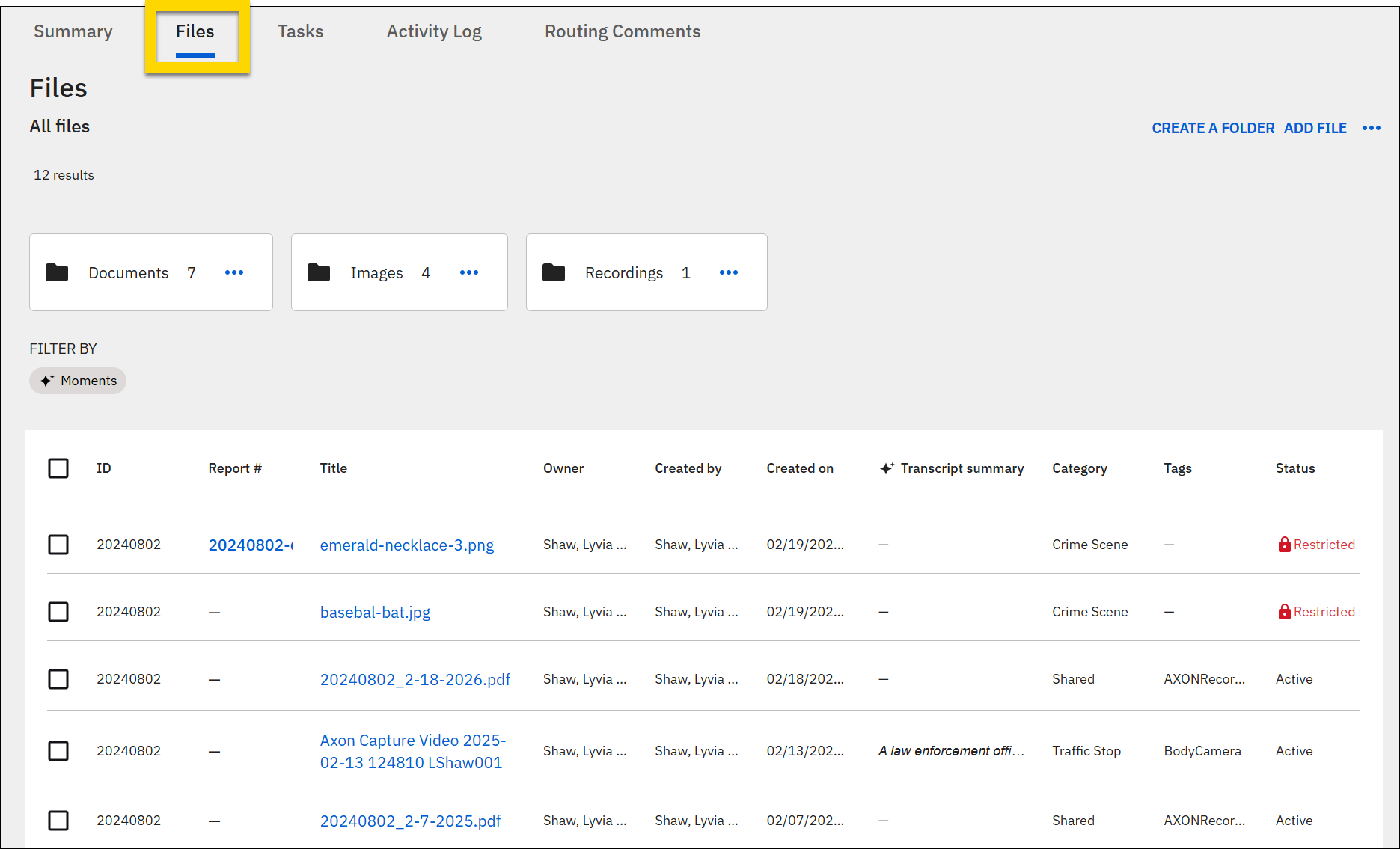 The screenshot shows a file management interface with the Files tab selected at the top. The interface includes categorized folders, each displaying the number of files within. On the right side, options to Create a Folder and Add File are visible. Below, a table lists files with columns for ID, report number, title, owner, created by, created on, category, tags, and status. Checkboxes are available to select files, and multiple rows are populated with file details.