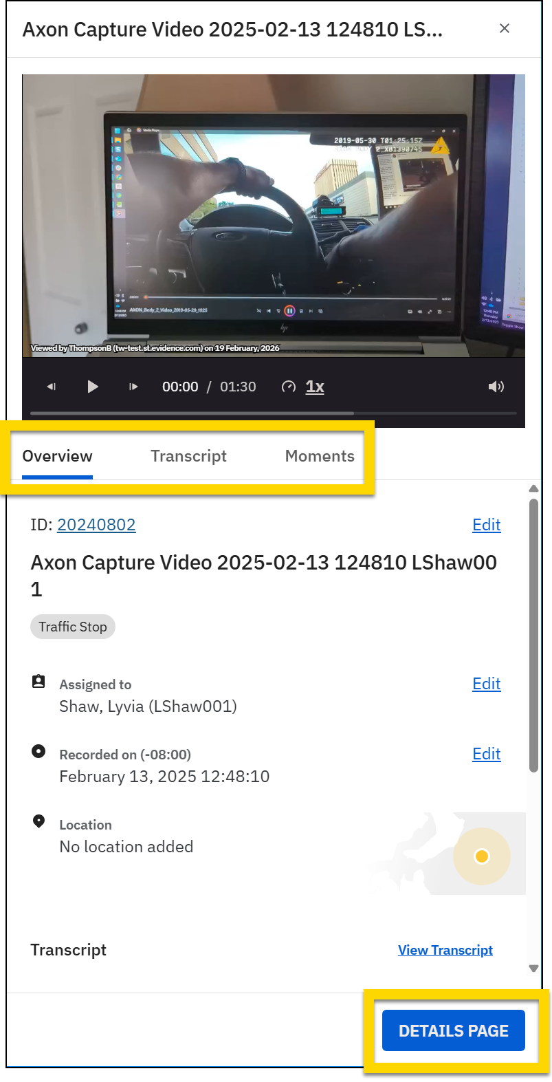 The image shows two layered screenshots. In the top screenshot, the Files tab shows a list of files. In the bottom screenshot, the Evidence Details page in Axon Evidence is shown, including options for actions like download, reassign, audit trail, and delete. A yellow arrow connects a file in the Files tab in the top screenshot to the file name in the bottom screenshot.