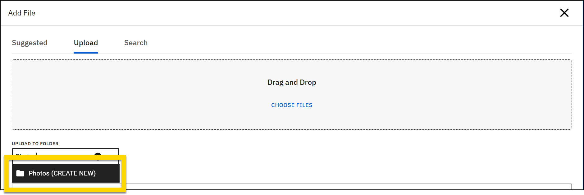Shows how to create a new folder when uploading new files.