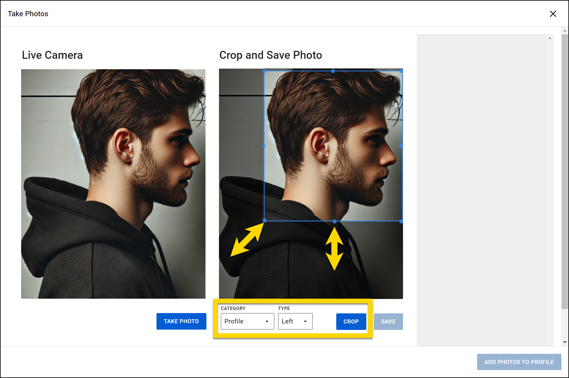 The image displays the Take Photos screen with two sections: Live Camera on the left, showing a side-profile image of an individual, and Crop and Save Photo section on the right, where the image is being cropped. Adjustable crop handles with arrows are visible around the image. Below, options for Category and Type, and a Crop button are highlighted in yellow.