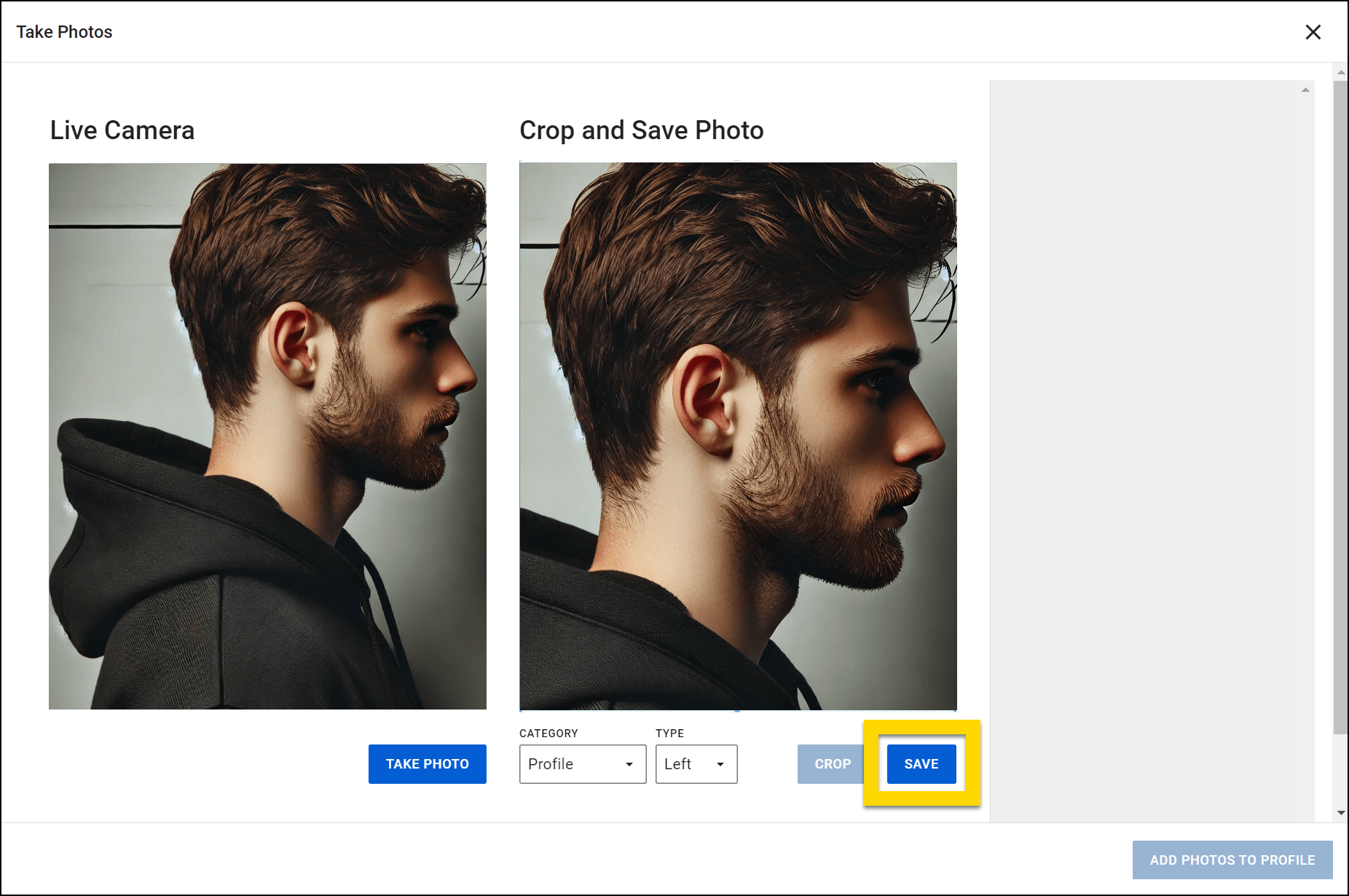 The image displays the Take Photos screen with two sections: Live Camera on the left, showing a side-profile image of an individual, and Crop and Save Photo on the right, where the photo is cropped and zoomed ready to be saved. Below the cropped image, the Save button is highlighted in yellow.
