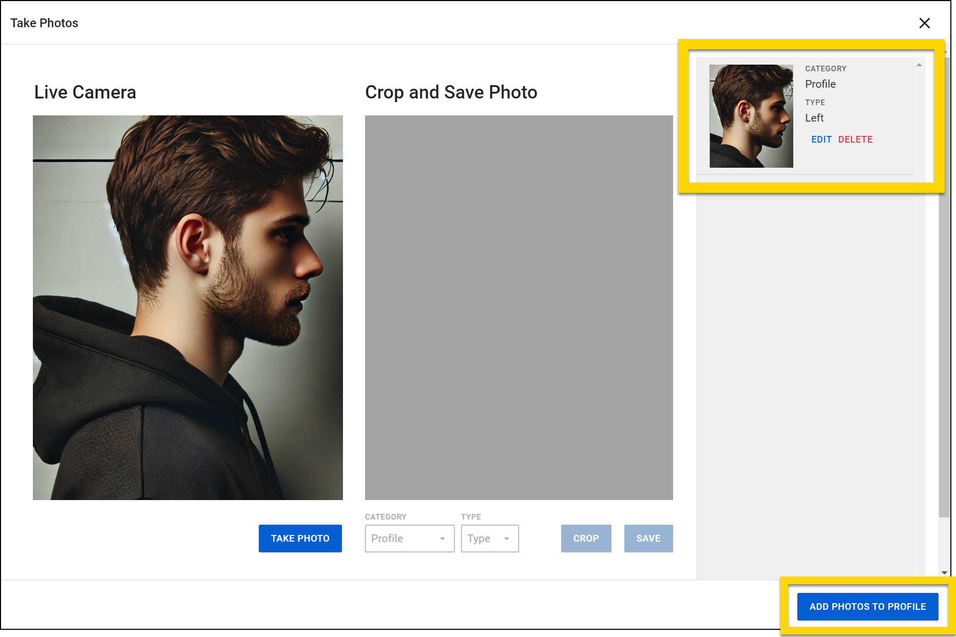 The image displays the Take Photos screen with sections for Live Camera and Crop and Save Photo, currently blank. A thumbnail of a saved photo appears on the right, highlighted in yellow. The thumbnail shows details such as Category and Type, along with options to Edit or Delete the photo. An Add photos to profile button is highlighted in yellow at the bottom of the screen.