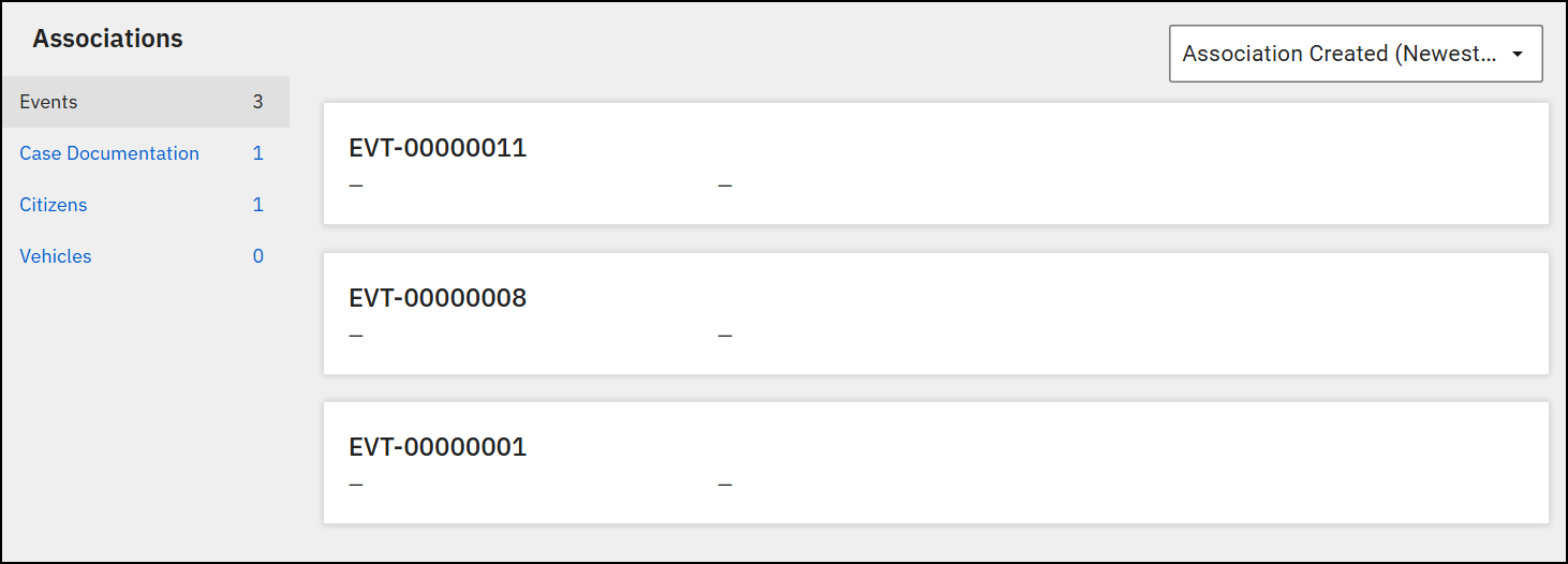 The image shows an Associations section with a list of related records organized into categories on the left, including Events, Case Documentation, Citizens, and Vehicles. The Events category is selected, displaying three event records in the main panel. A dropdown menu in the top right corner allows sorting by association creation date.