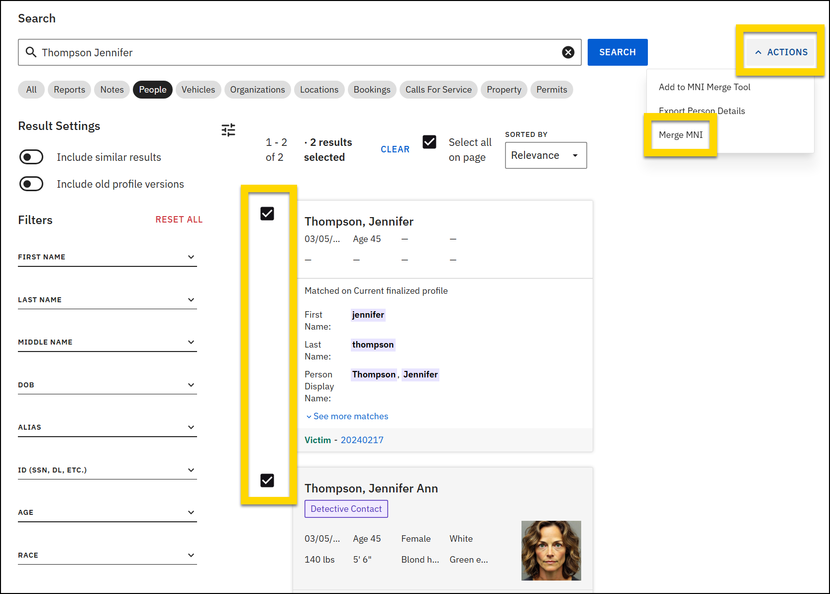 The image shows a search results page for people with two profiles selected. A yellow highlight outlines the checkboxes on the left side of the profiles and the Actions dropdown menu in the top right corner. Within the Actions menu, the Merge MNI option is also highlighted to indicate the next step.