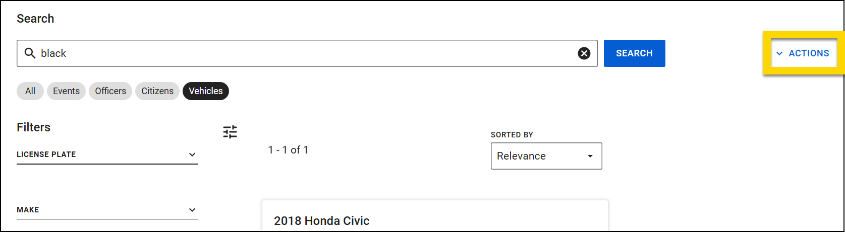 The image shows the Search module with the Vehicles category selected. A yellow highlight outlines the Actions menu in the top corner.