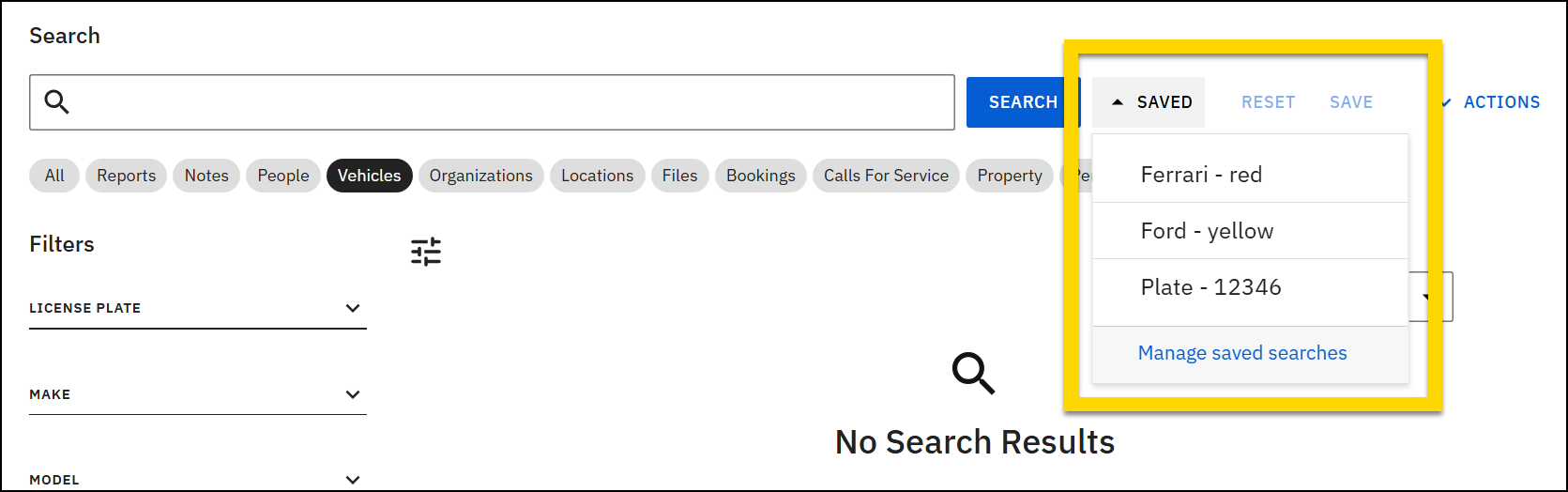 The image shows the Search module with the Vehicles category selected. A yellow highlights outlines the expanded Saved menu, which contains several saved search options.