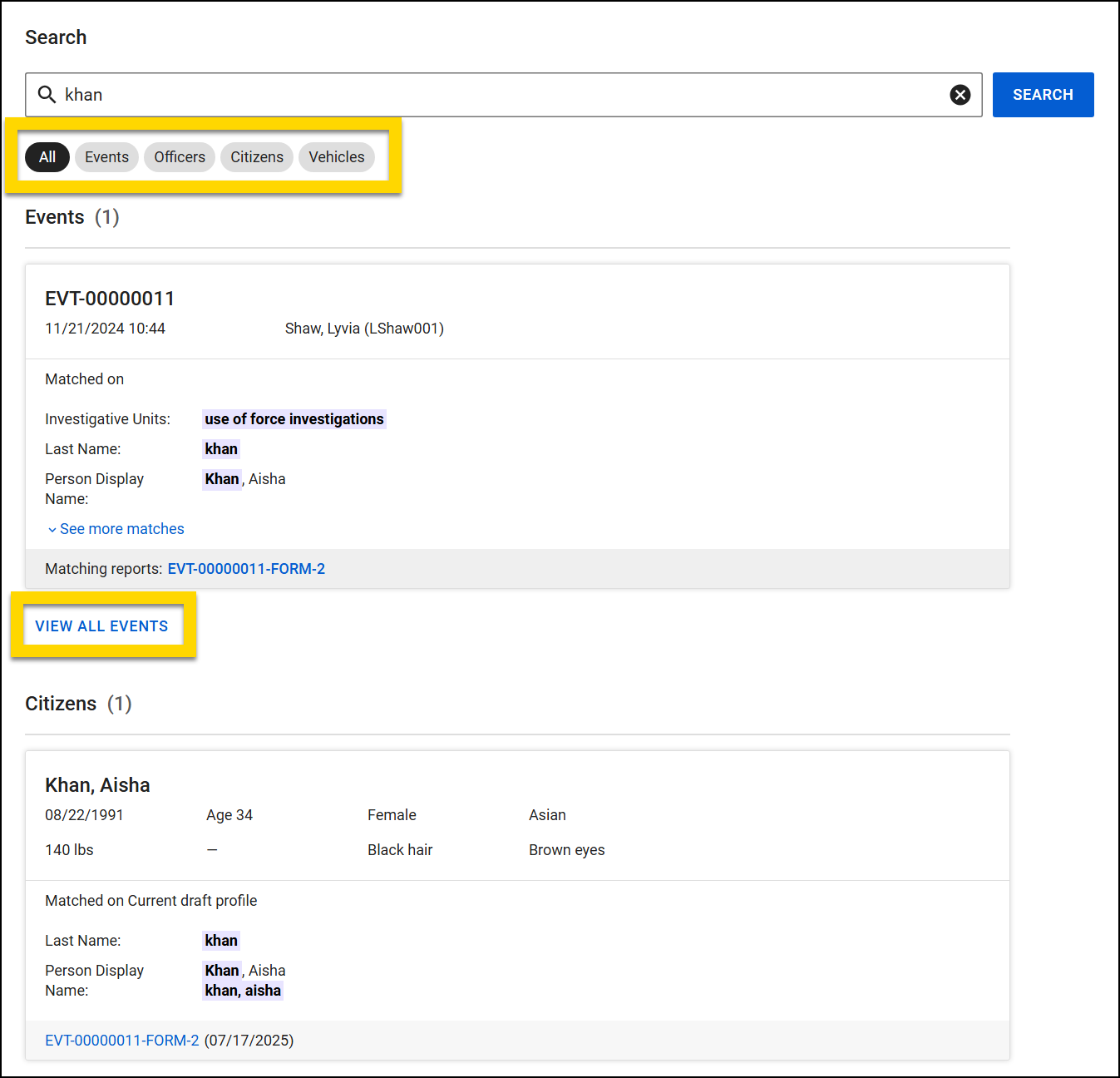 The image shows the Search module. A yellow highlight outlines the filter category buttons below the search bar and the View All button further down the page within one of the search categories.