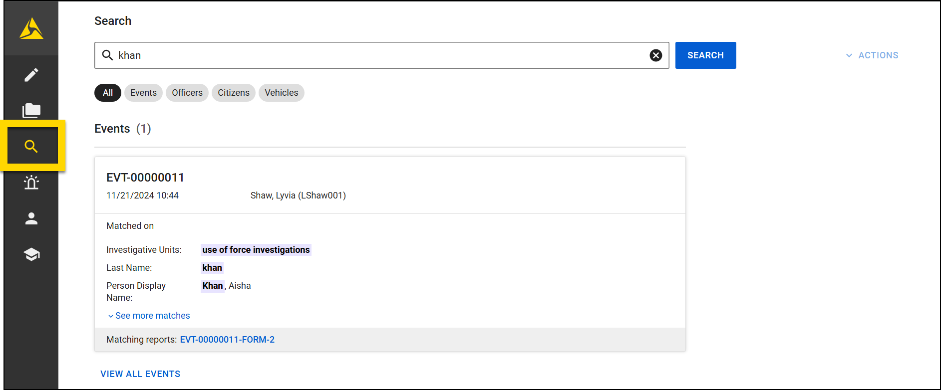The image shows the Search module with the search icon highlighted in yellow on the left navigation panel. At the top, there is a search bar with category filter tags displayed below it.