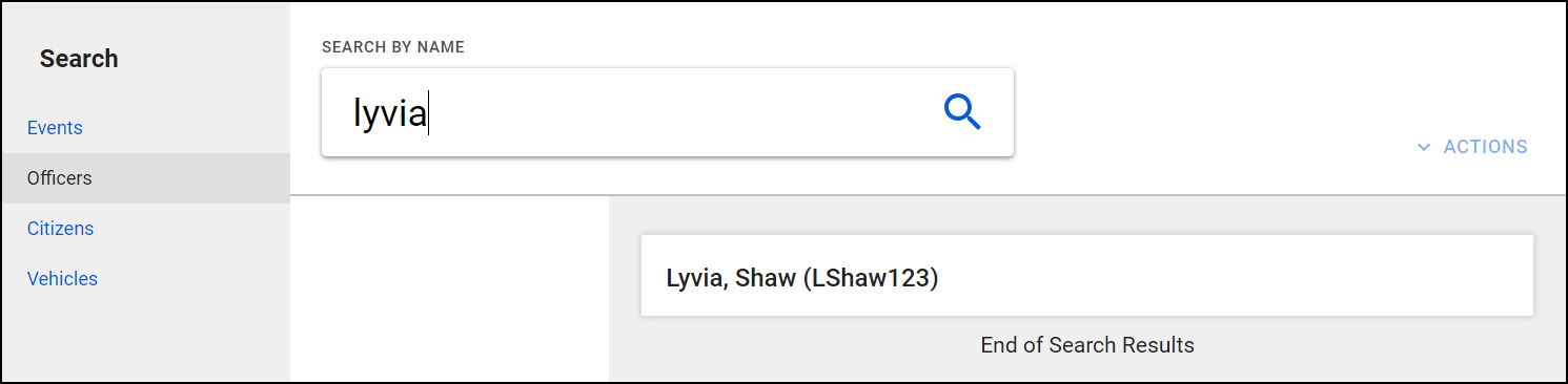 Shows the search result preview for Officers Search.
