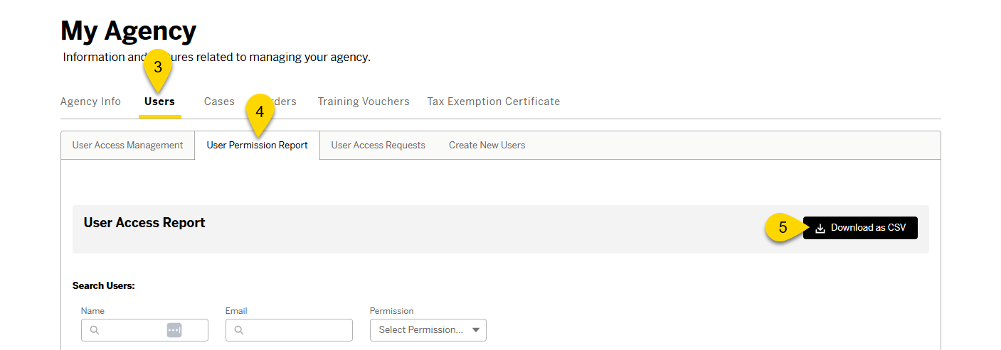 My Agency page with yellow labels pointing to the Users tab, User Permission Report tab, and Download as CSV button.