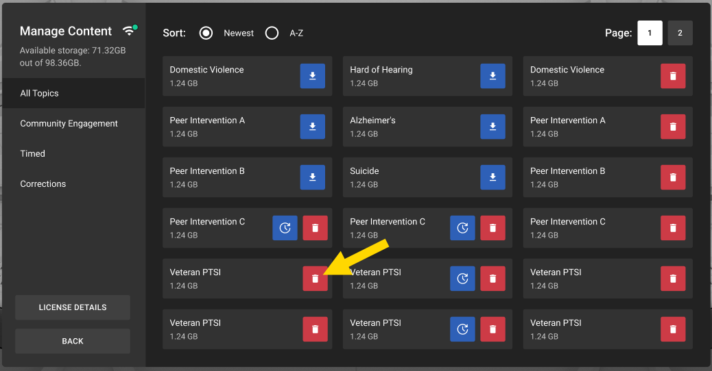 A yellow arrow pointing to a red delete icon on the Manage Content page