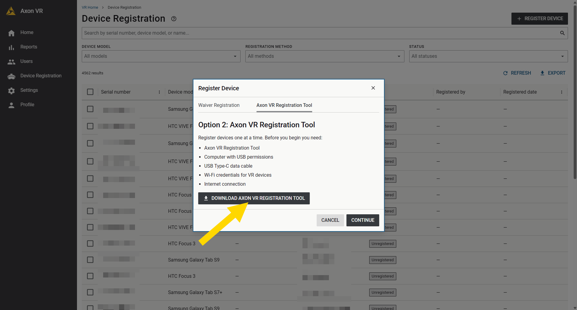 The Register Devices modal with a yellow arrow ponting to Download Axo VR Registration Tool