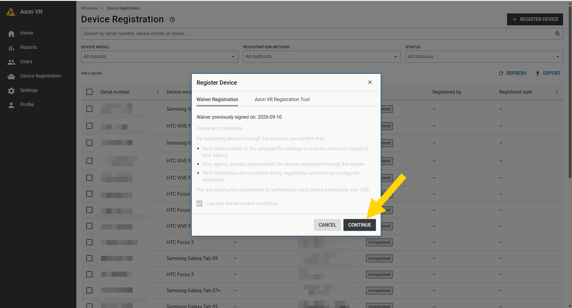 Waiver Registration on the Register Device modal with a yellow arrow pointing to Continue