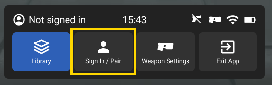 Manu bar in the VR headset interface with the "Pair" button highlighted, alongside options for Library, Weapon Settings, and Exit App.