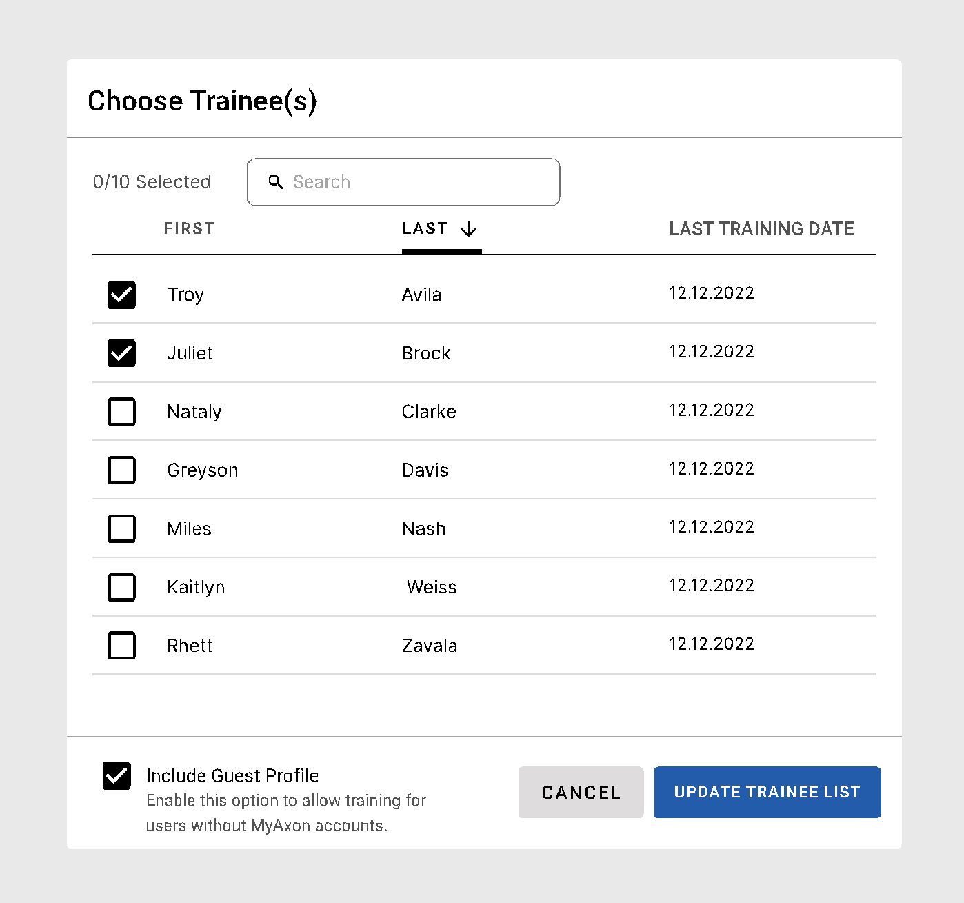 Trainees selected on the Choose Trainee dialog box Trainees selected on the Choose Trainee dialog box