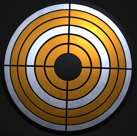 A circular target with concentric rings, black center, and metallic outer rim.