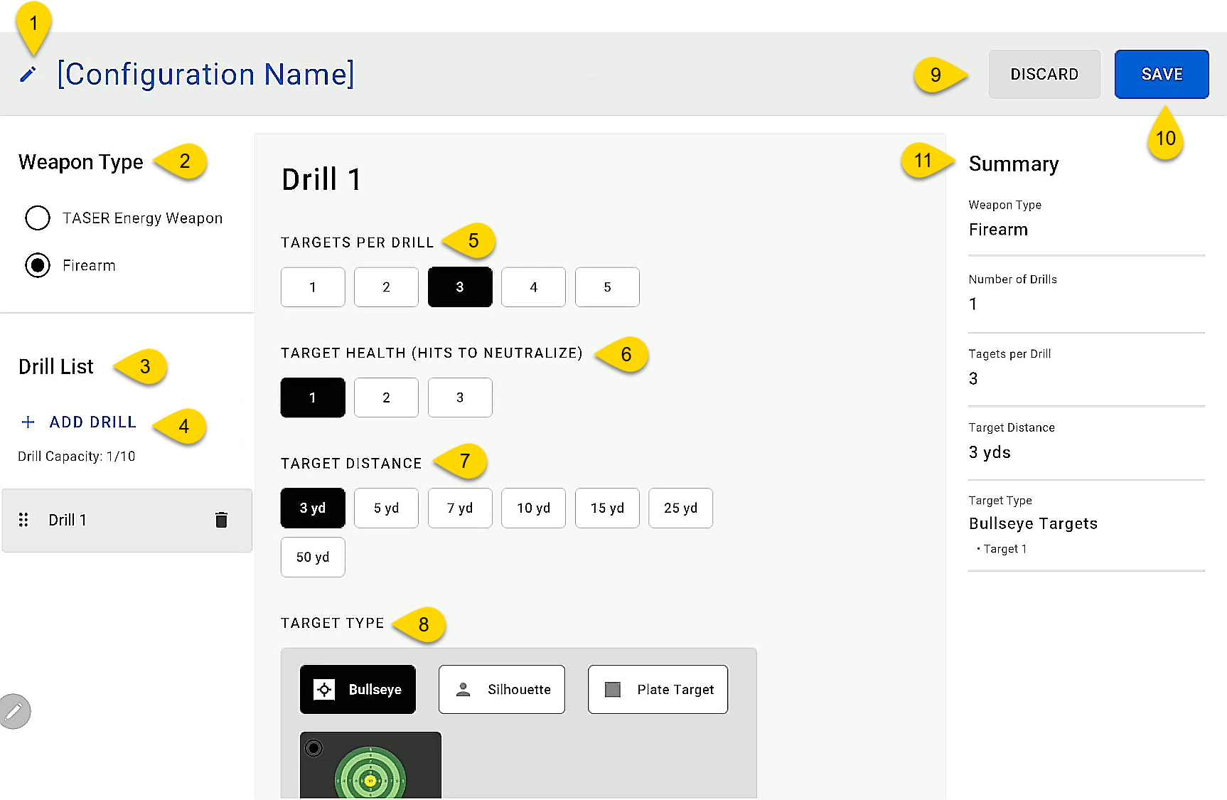 Annotated screenshot of the Configurable Range exercise configuration screen on the Samsung VR tablet. Numbered callouts identify the configuration name, weapon type, drill list, Add Drill button, targets per drill, target health, target distance, target type, target clothed option, Discard button, Save button, and Summary pane. Refer to the table below for descriptions of each numbered callout.
