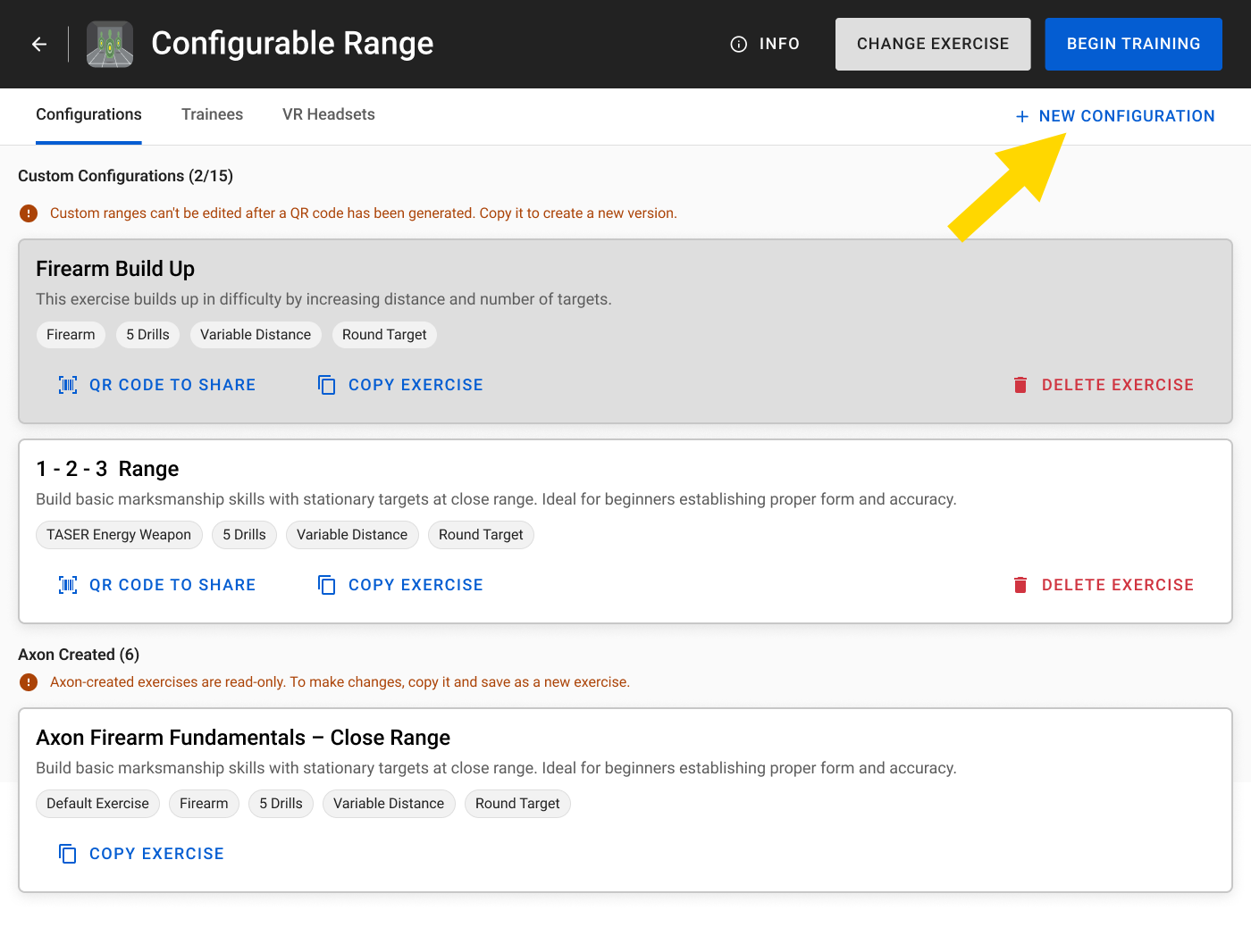 Yellow arrow points to "New Configuration" button in Simulator Training Configurable Range