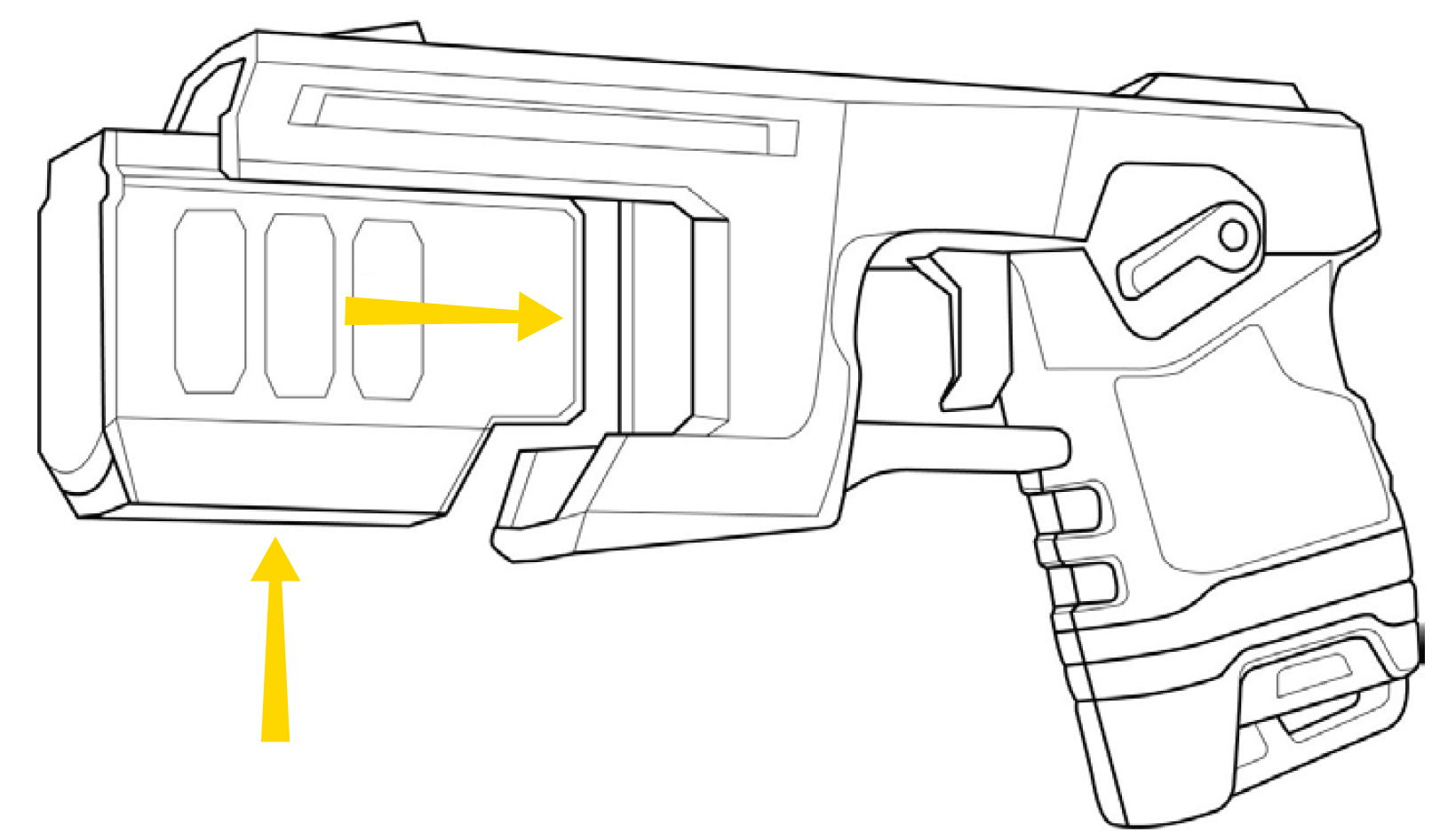 Shows how to insert the magazine first up, then in.