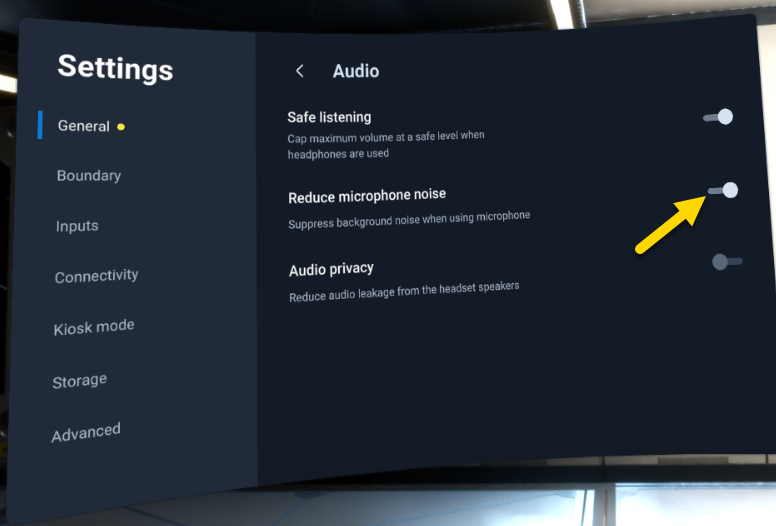 The VR headset Settings screen showing the "Reduce microphone noise" setting toggled on under Audio.
