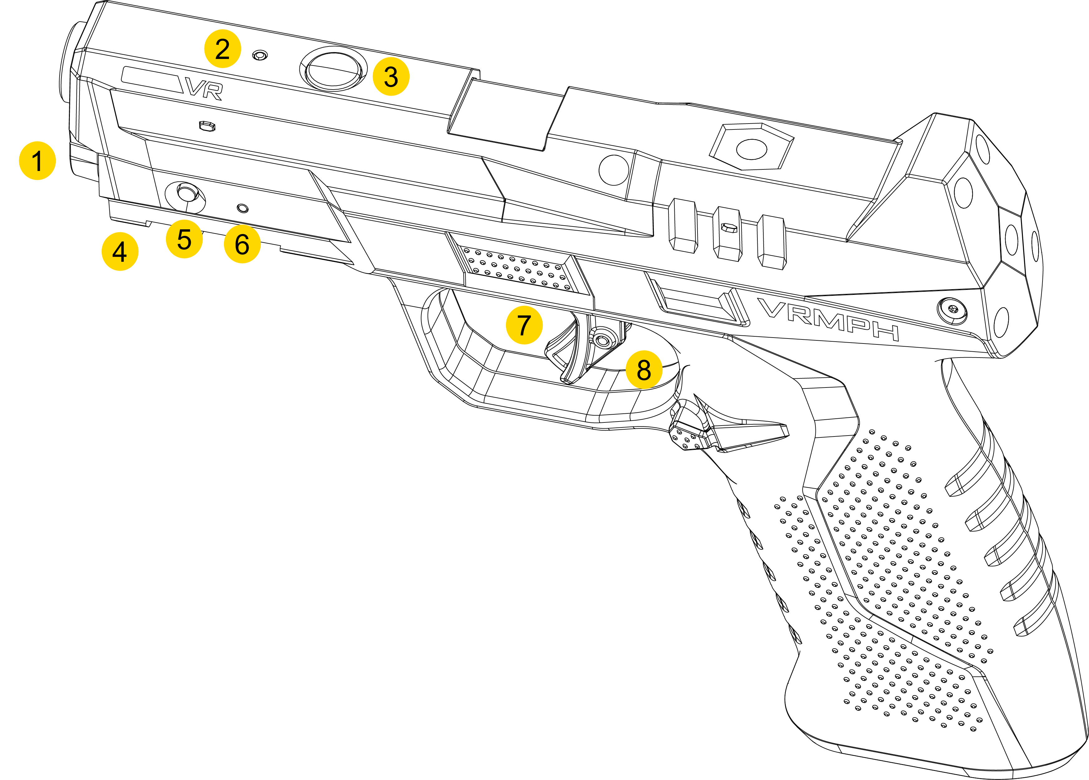 Yellow callouts highlighting the features of the Handgun VR Controller VRMPH