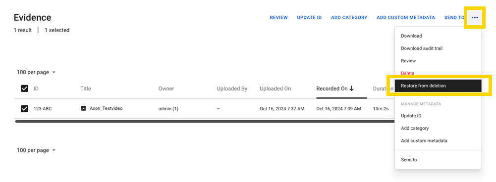 more actions button and restore from deletion selection