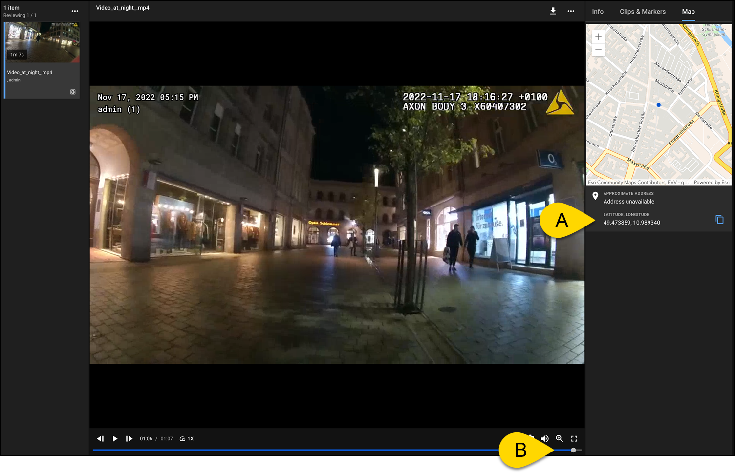 Evidence open in review mode with lettered callouts showing the GPS coordinates of a map, and the video playback timeline.