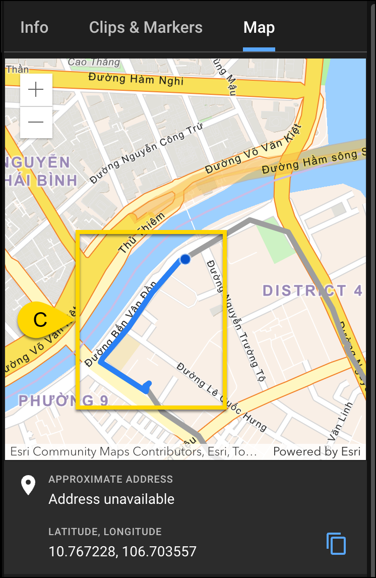 Close up view of a map with a route highlighted in blue, a yellow box highlights the route.