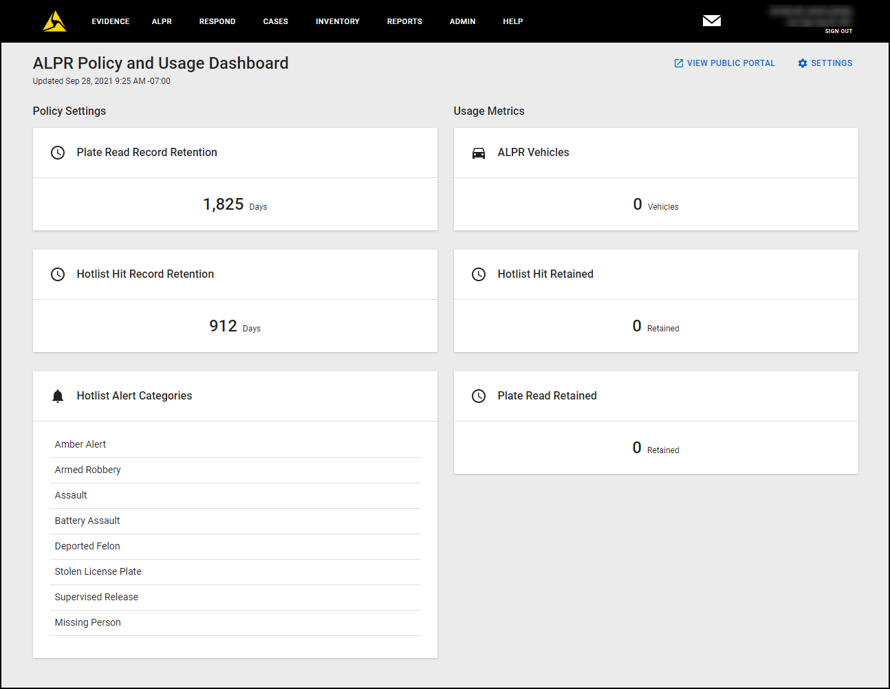 Shows the ALPR Policy and Usage Dashboard available under Admin, Agency Settings.