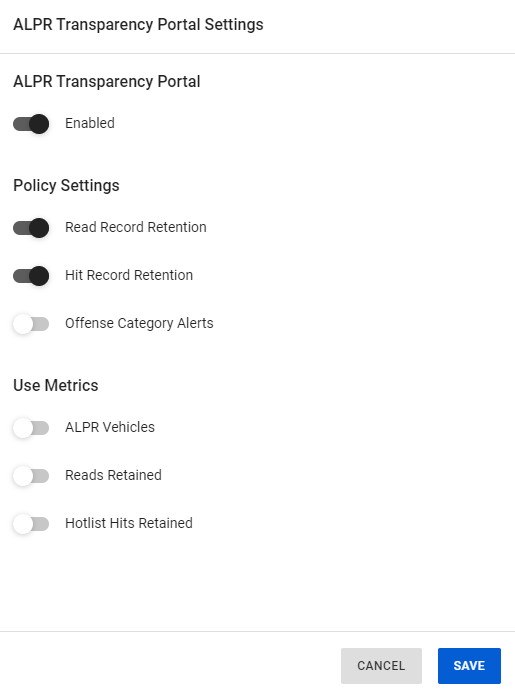 Shows ALPR Transparency Portal Settings.