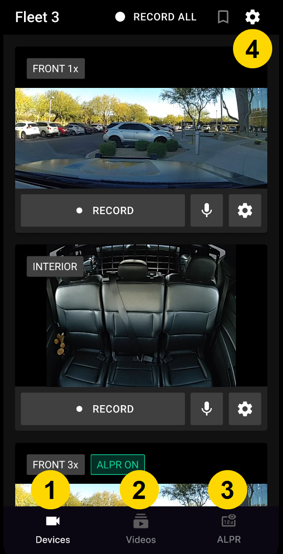 Shows the main Dashboard screen with tiles for each camera.