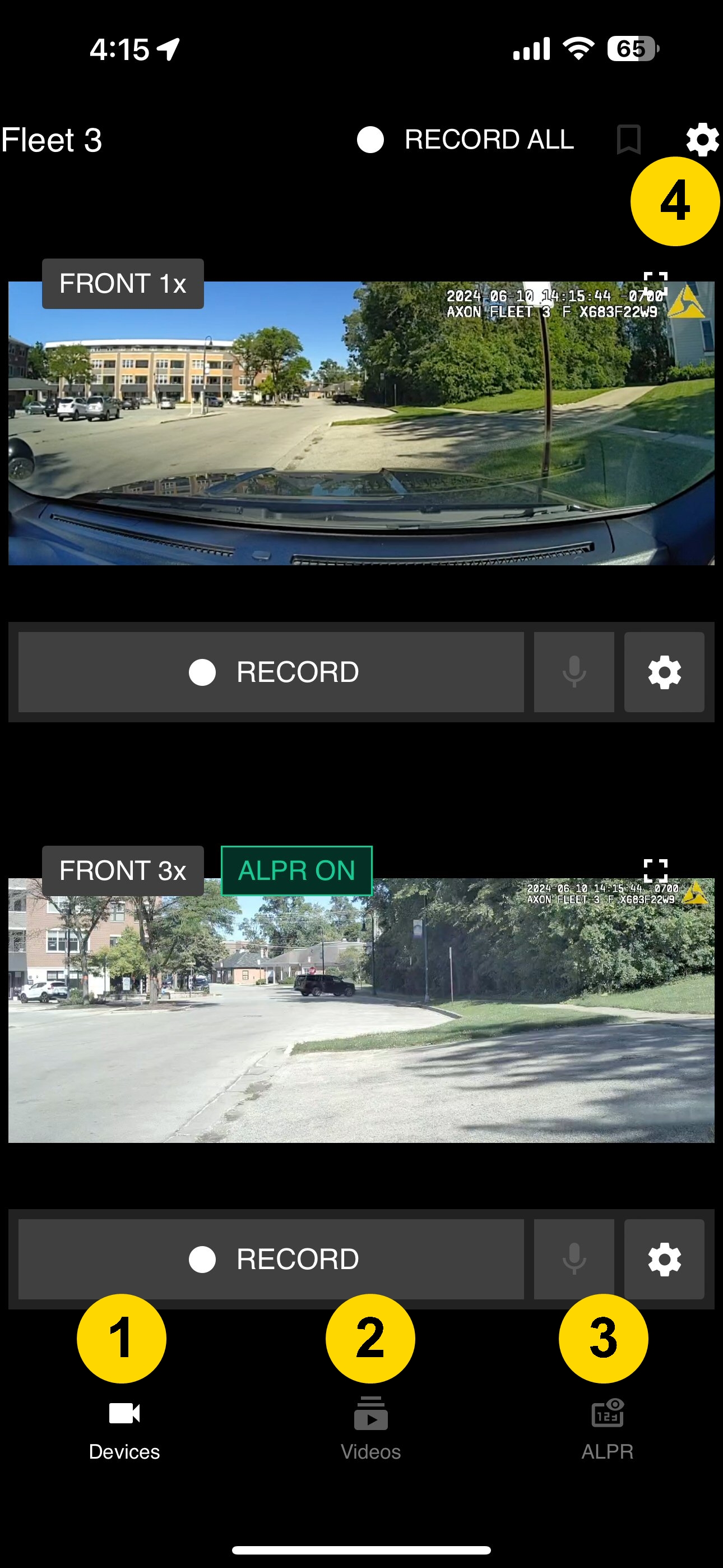Shows the main Dashboard screen with tiles for each camera.