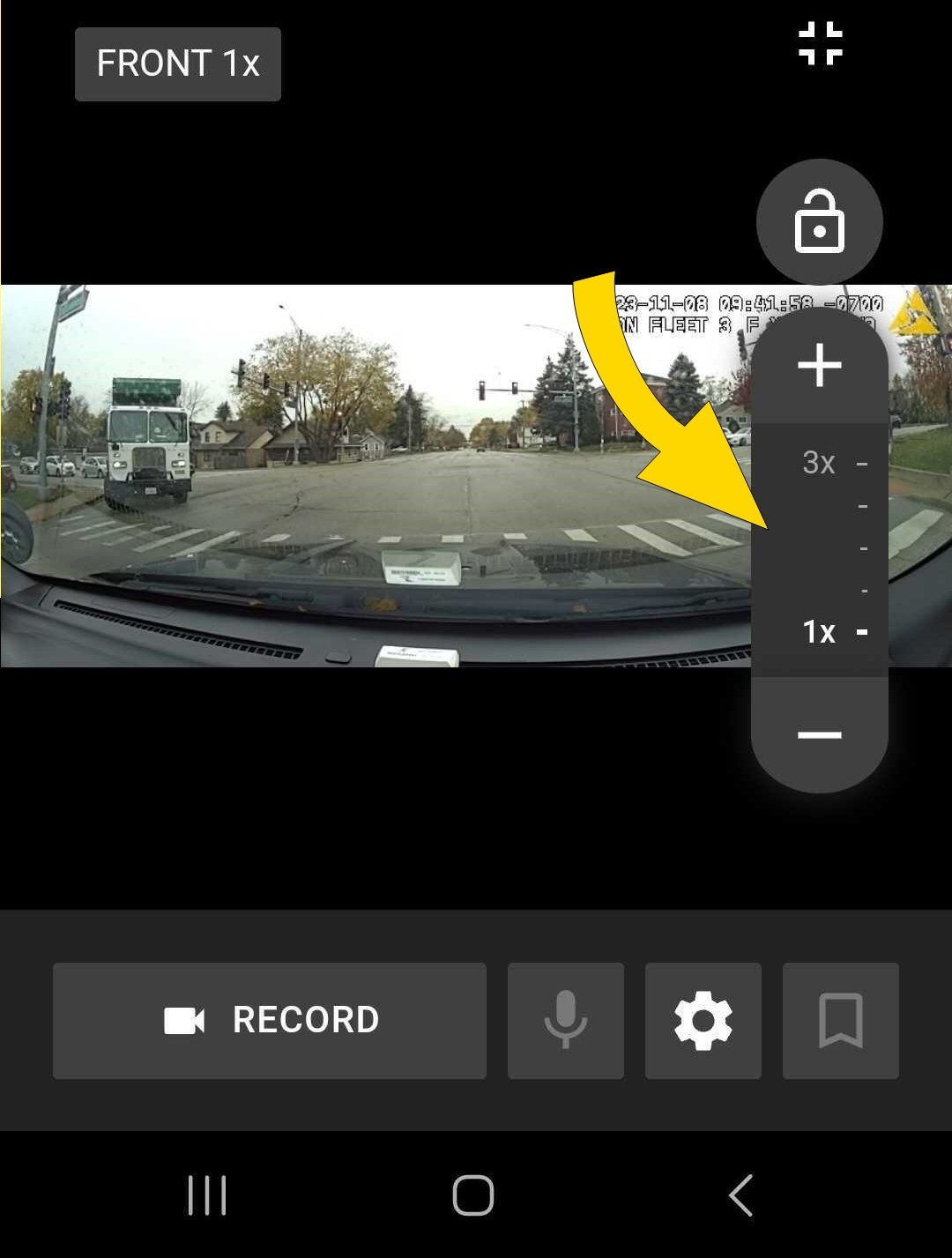 Shows a Dashboard camera tile with the camera Zoom bar highlighted.