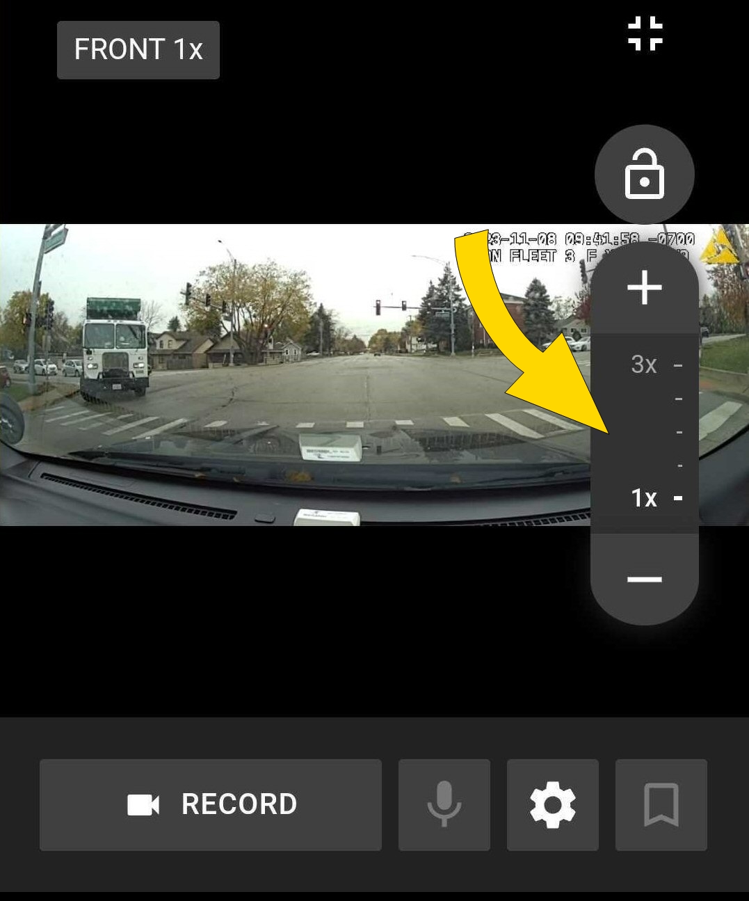 Shows a Dashboard camera tile with the camera Zoom bar highlighted.