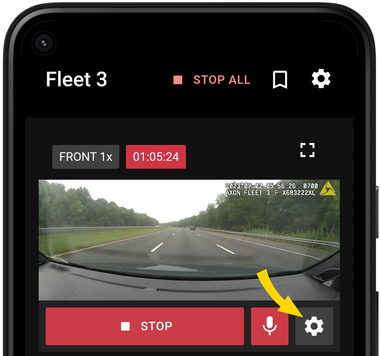 Shows a Dashboard camera tile with the camera Settings button highlighted.