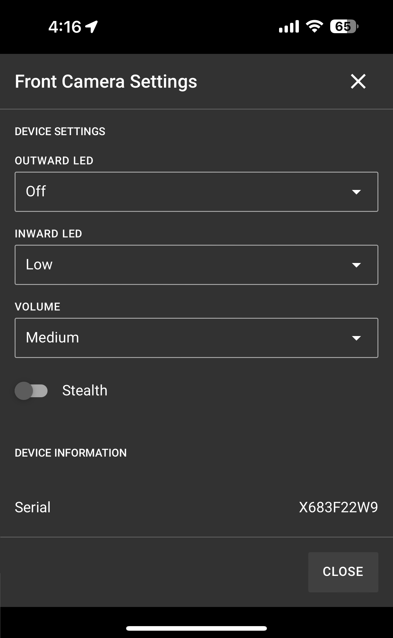 Shows a Dashboard camera Settings window.