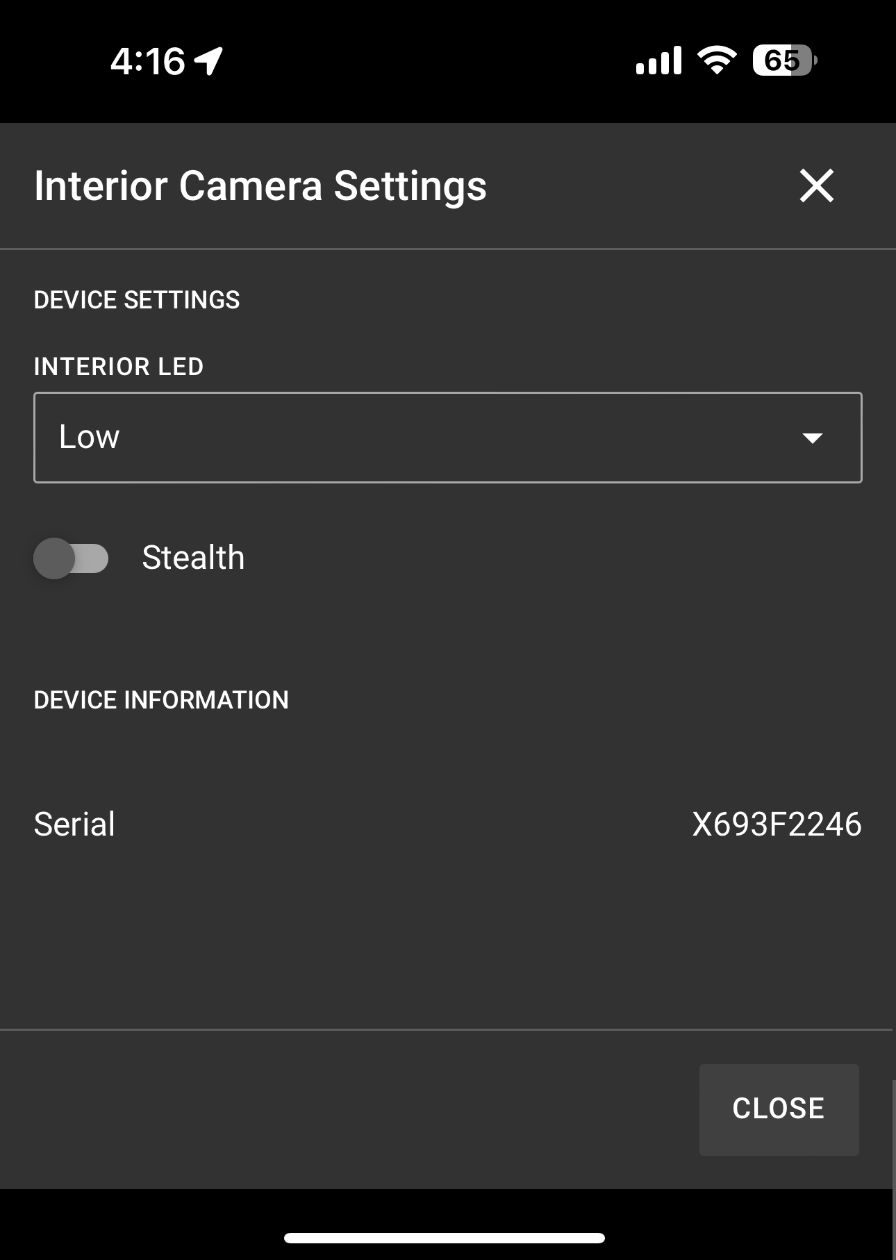 Shows a Dashboard camera Settings window.