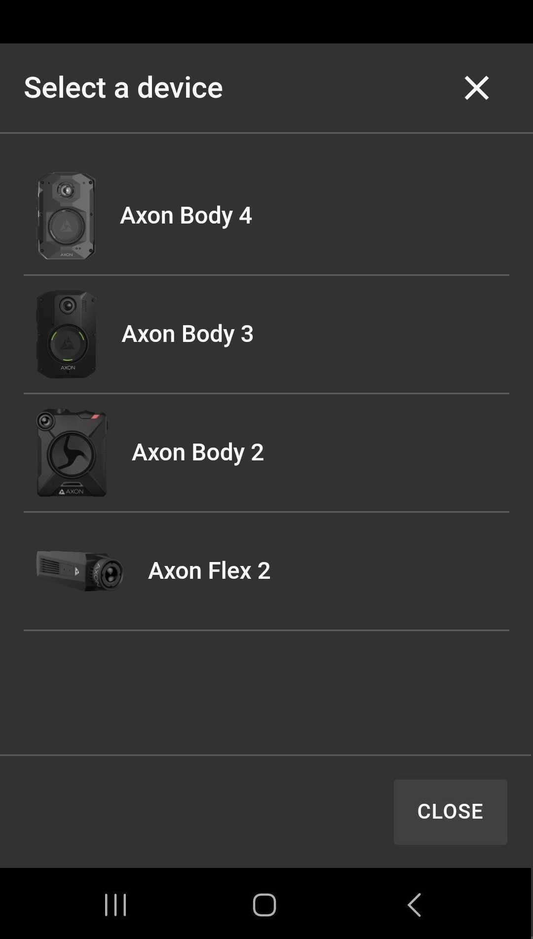 Shows the Fleet Dashboard Add Device screen with a list of body cameras.