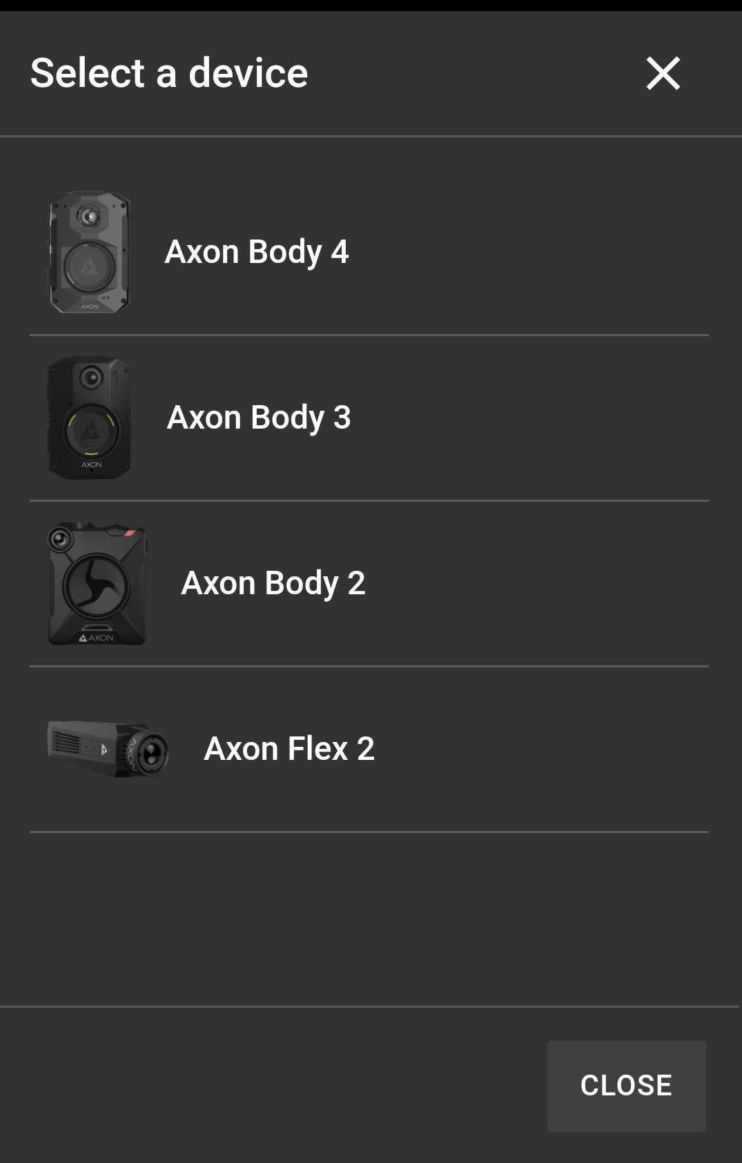 Shows the Fleet Dashboard Add Device screen with a list of body cameras.