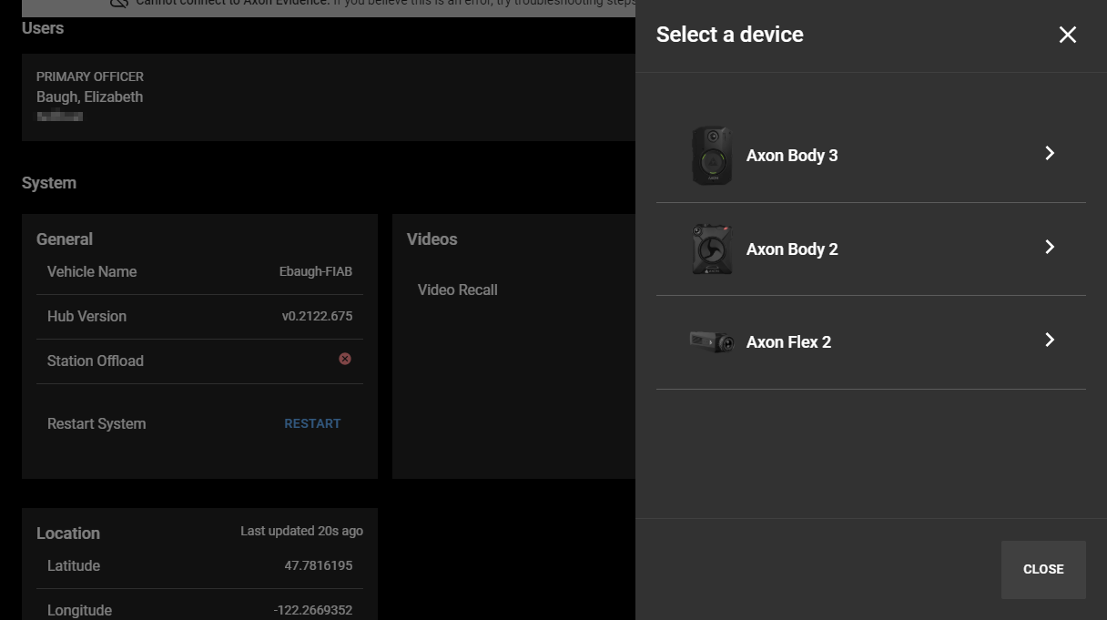 Shows the Fleet Dashboard Add Device screen with a list of body cameras.